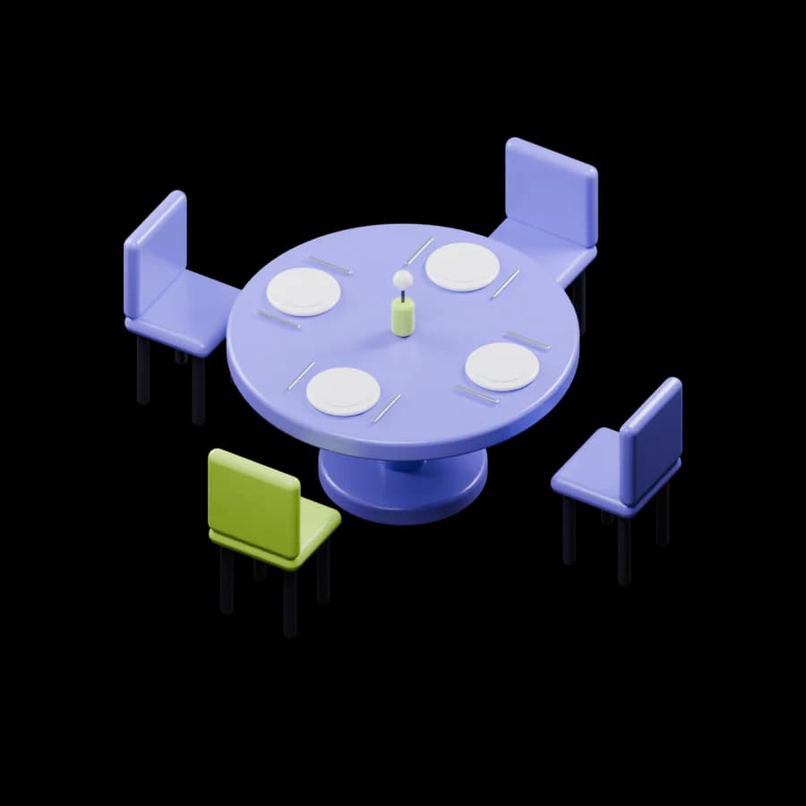 Mesa violeta con cuatro sillas y vajilla, ilustración de Haymesa